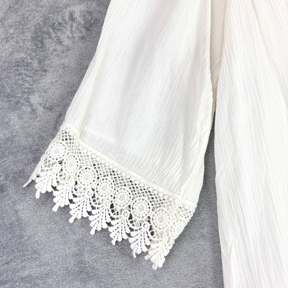 Naif Womens L White Tunic Dress Crochet Lace V-Neck Boho Crinkle Gauze Cottage - Picture 4 of 10